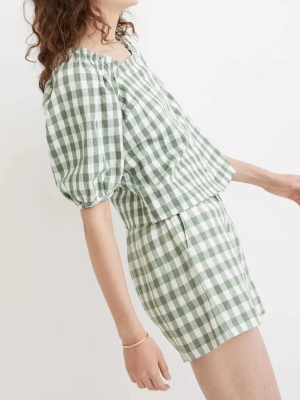 Linen-Cotton Square-Neck Button-Front Top in Gingham Check